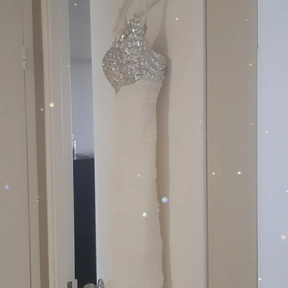 Mini Off-White Sheer Dress with Lace Overlay, Built-In Bustier, Cup Size 34B/C - Picture 2 of 6